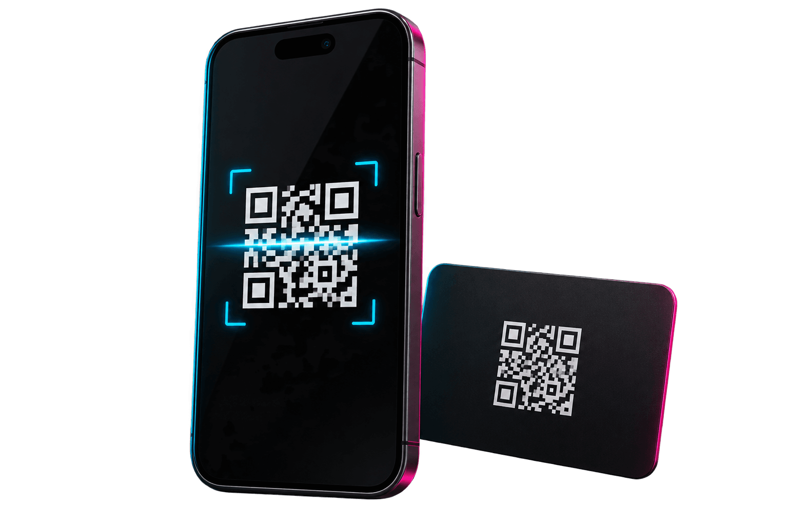 Celular escaneando un código QR junto a una tarjeta con código QR